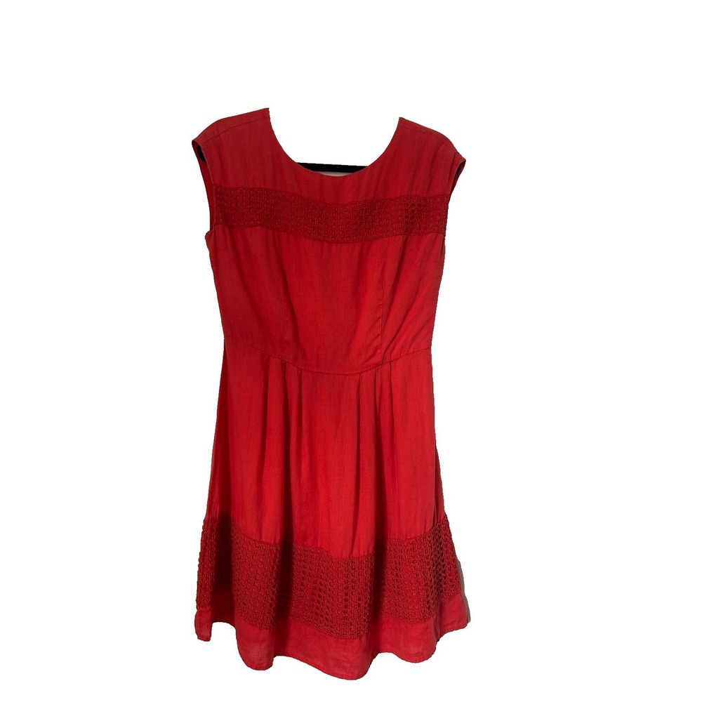 Lucy and Laurel 100% Linen Dress Size 8 Red Sleeveless‎ Crochet Inlay Trim Shift